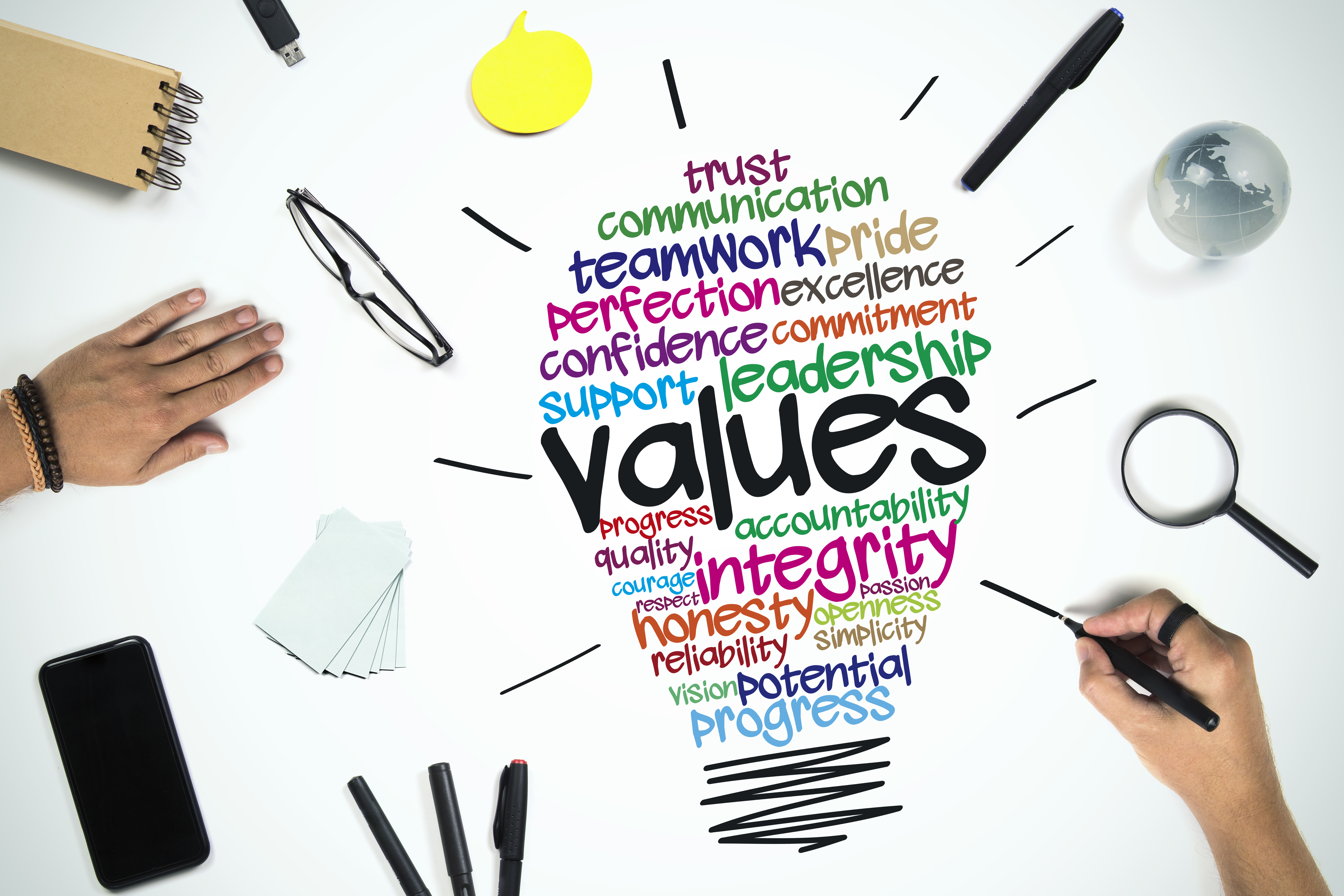 The businessman is working on values ideas at the desk